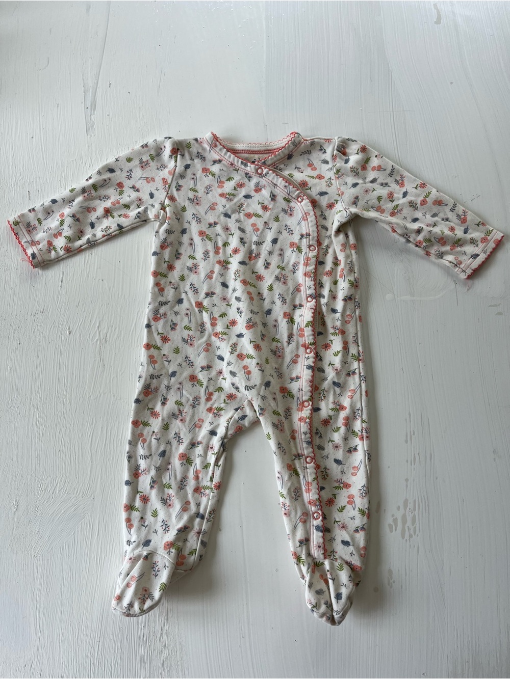 Floral Footed One-Piece Pajamas - White with Pink Trim